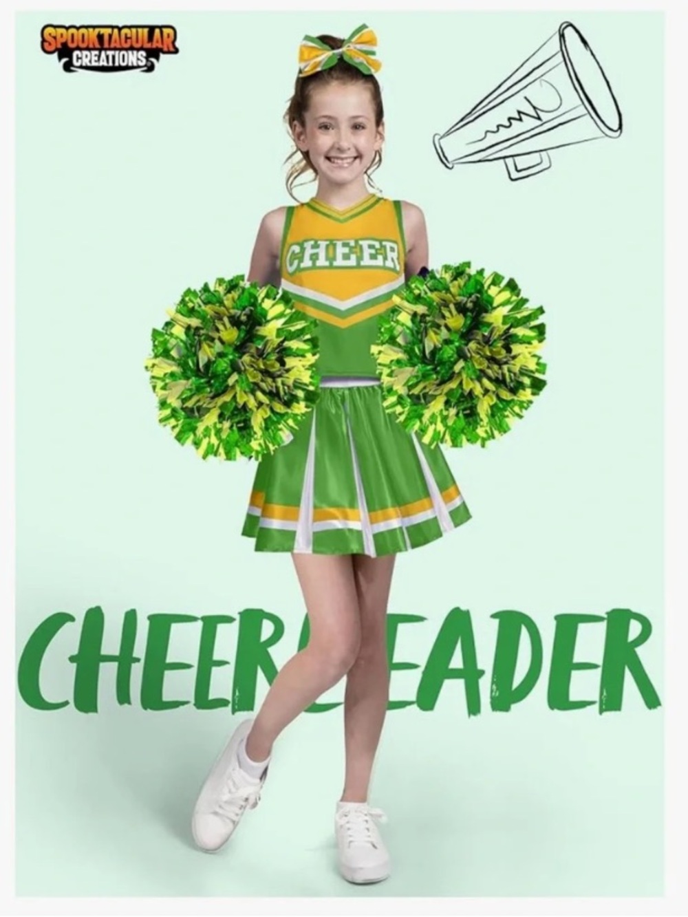 Girls Green Cheerleader Costume with Bow and Pom Poms